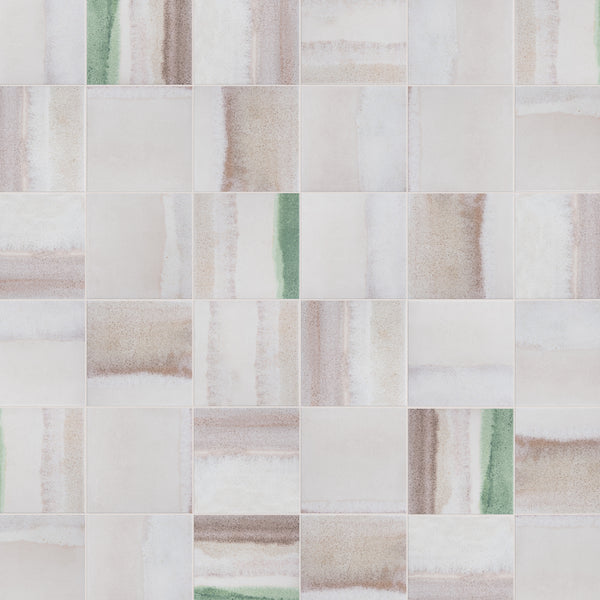 A grid of square ceramic tiles with a soft, abstract pattern in muted beige, brown, white, and occasional green vertical and horizontal streaks. The design gives a subtle watercolor effect.