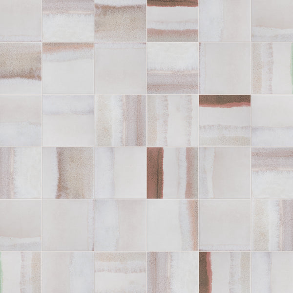 A grid of square tiles featuring abstract, watercolor-like patterns in soft shades of cream, beige, brown, and pale green, with subtle horizontal and vertical streaks creating a textured appearance.
