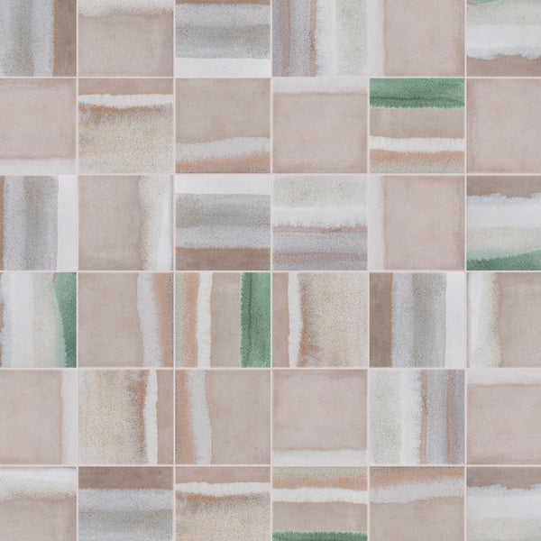 A grid of square ceramic tiles in soft pastel tones, featuring muted pink, beige, green, and gray hues with abstract, watercolor-like horizontal and vertical brush patterns on some tiles.