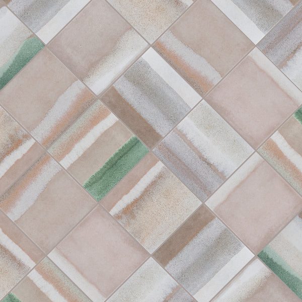 A pattern of square tiles arranged diagonally, featuring alternating solid beige tiles and tiles with stripes in shades of beige, brown, white, and green.
