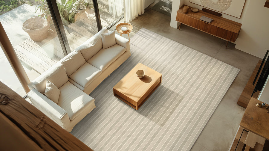 A modern living room with a light-colored sofa, wooden coffee table, striped rug, and large windows letting in natural light. A wooden sideboard and wall art are visible in the background.