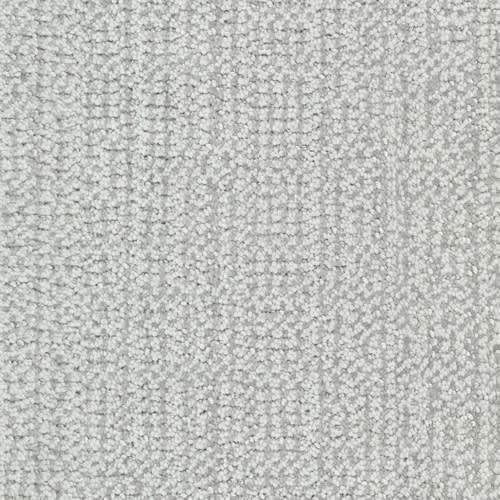 Close-up of the Occasion On Trend Carpet in Revelry, showcasing a luxurious light gray hue with a textured, grid-like pattern formed by tightly woven fibers.