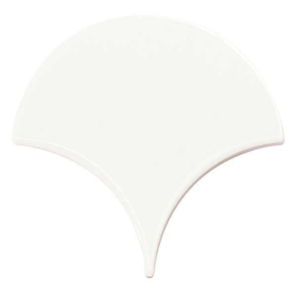 The Tidal 2x5 Ceramic Tile features a smooth, fan-shaped white design with a pointed bottom edge—ideal for adding unique elegance to any space.