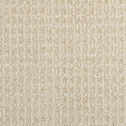 A close-up of Yucatan Pet Friendly Carpet in River Sand shows its soft, beige fibers with a subtle square grid texture. The stain-resistant, evenly woven surface provides a stylish, practical solution for busy homes.