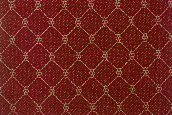 The Lake Boden Berber Carpet in Robin Red features a repeating diamond pattern outlined in beige, with dotted centers and circular motifs at intersections—ideal for adding modern elegance and durability to your flooring.