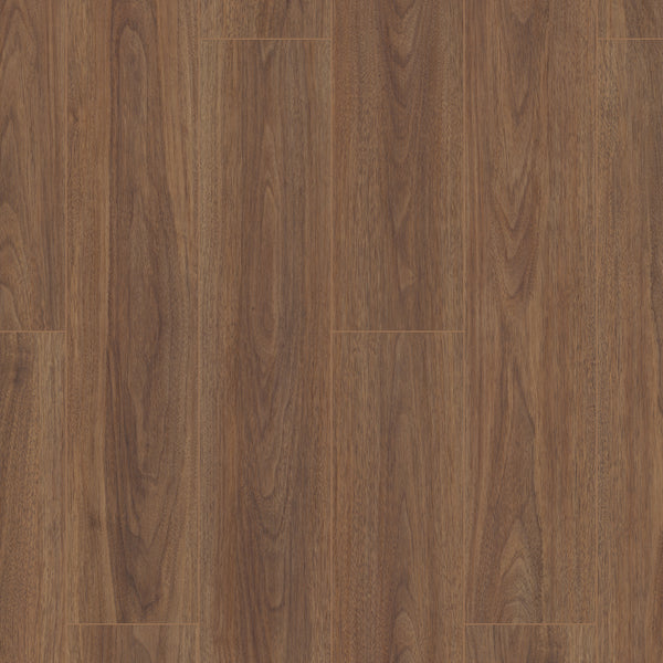 Close-up view of Coretec Pro Plus Enhanced Vinyl flooring with a rich brown finish, highlighting natural wood grain patterns and visible seams—showcasing the elegance and durability of this rigid core luxury option.