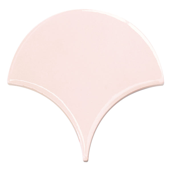 The Tidal 2x5 Ceramic Tile in light pink features a fan-shaped design with a glossy finish and smooth edges, bringing a luxurious touch to any space. Shown on a white background.
