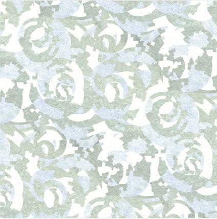 The Roses Polished Marble Mosaic Tile features an abstract pattern of swirling green and blue shapes on white, evoking a marble mosaic with a textured, layered, and slightly geometric look.