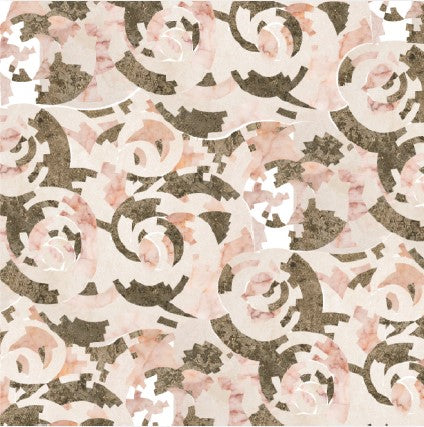 The Roses Polished Marble Mosaic Tile features overlapping, circular, and gear-like shapes in brown, pink, and beige tones for a layered look inspired by abstract patterns on a light background.