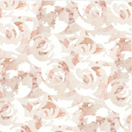 The Roses Polished Marble Mosaic Tile features overlapping circular and geometric shapes in soft peach, beige, and white tones, creating a layered, textured effect with a watercolor-like marble appearance.