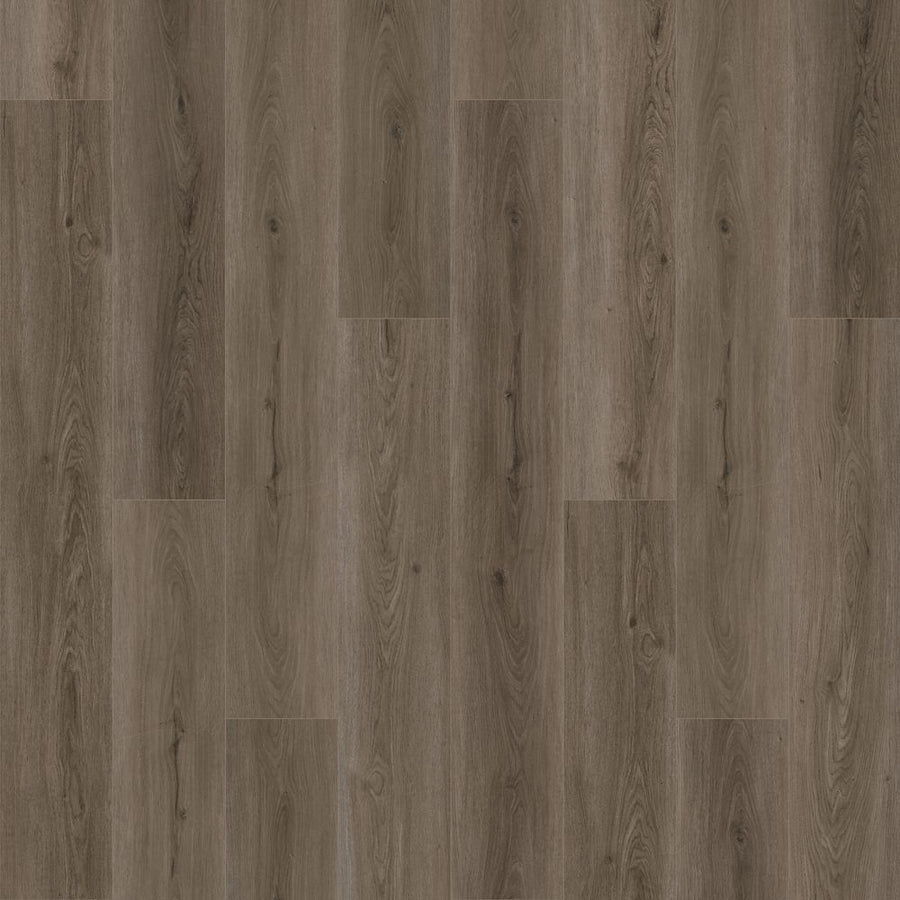 Emerald Rivers 7.5" Vinyl features a medium-brown wood pattern with natural grain and knots in a staggered plank layout, offering the look of real hardwood. Durable and scratch resistant for lasting beauty.