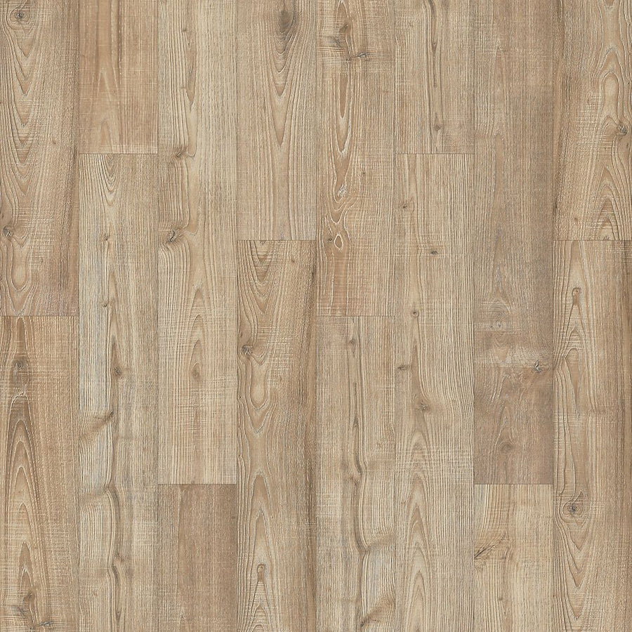 Lidden Brook 7 1/2" Waterproof Laminate in Rye Stalk Oak features a light brown wood-look with natural grain and knots, subtle color variation, smooth finish, and staggered planks for realistic style and lasting waterproof durability.