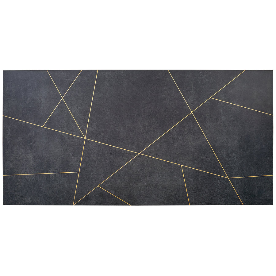 The Artscape 24" x 48" Porcelain Tile in Ardesia and Gold Line features a dark gray base with thin, intersecting gold lines forming an abstract geometric pattern, offering an elegant large-format flooring solution.