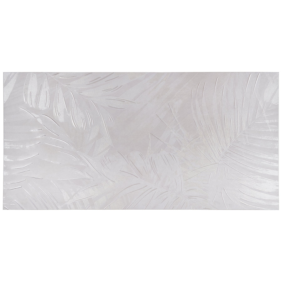 The Artscape 24" x 48" Porcelain Tile in Cotton Garden White features an off-white finish with a subtle, glossy embossed leaf pattern for gentle texture—an elegant flooring choice for modern spaces.