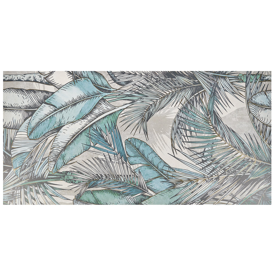 Illustration of overlapping tropical leaves in green, blue, and grey tones with detailed textures on a light background—inspiring the Artscape 24" x 48" Porcelain Tile in Eden Blue for a standout tile flooring solution.