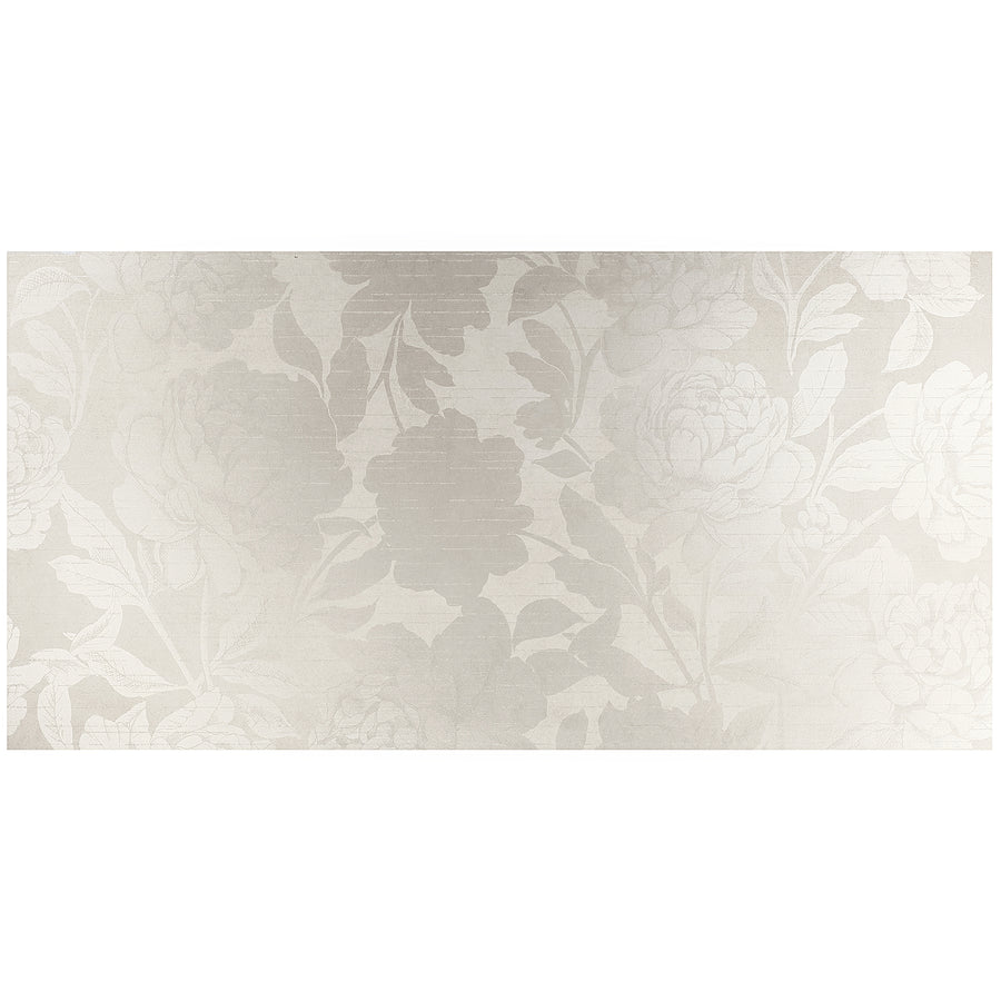 Artscape 24" x 48" Porcelain Tile in Romance features a subtle, embossed light gray and white floral pattern with large blooms and leaves on a smooth surface—an elegant flooring option.