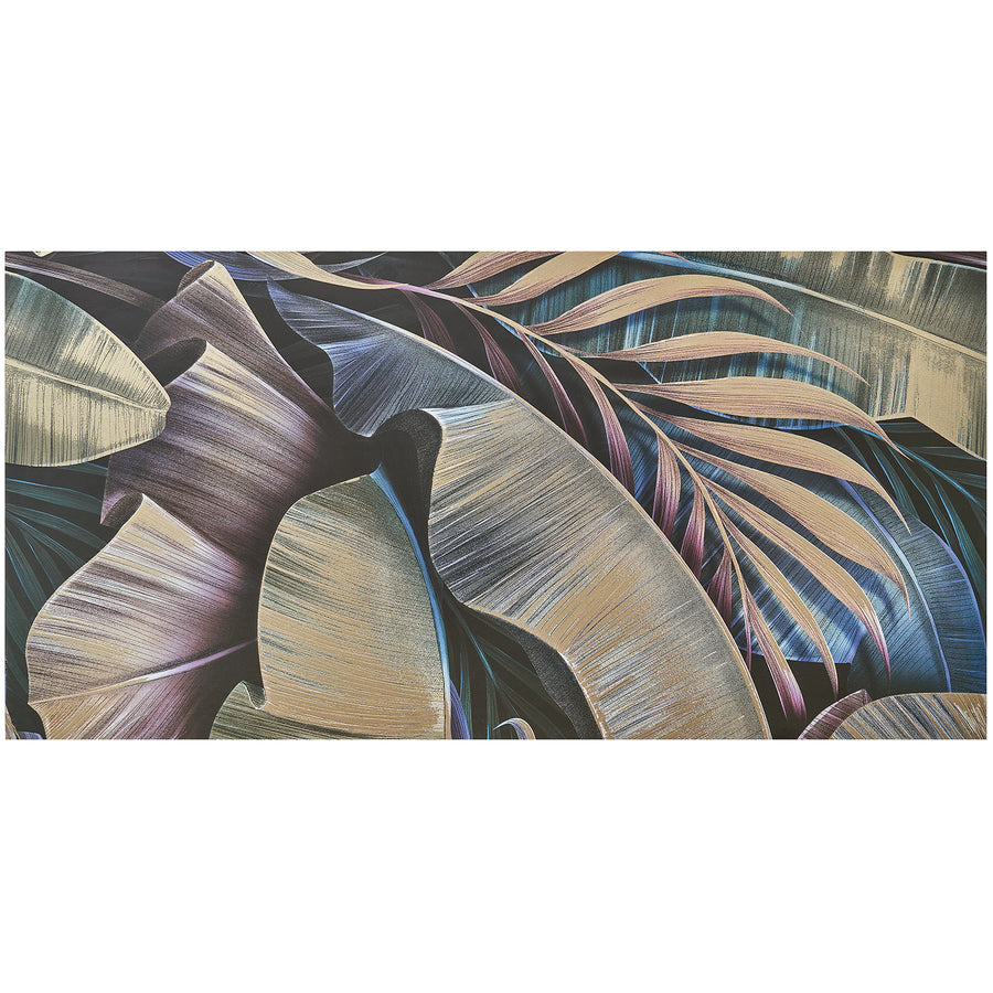 The Artscape 24" x 48" Porcelain Tile in Temptation Multicolor features overlapping, textured leaves in beige, blue, and purple with fine lines and gradients for a sophisticated, layered look on a neutral background.
