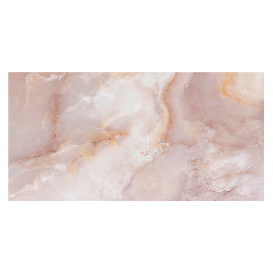 The Aura 24" x 48" porcelain tile in Coral features polished surfaces with swirling soft pink, white, and light beige patterns, enhanced by subtle veins and natural textures for a beautiful neutral palette.