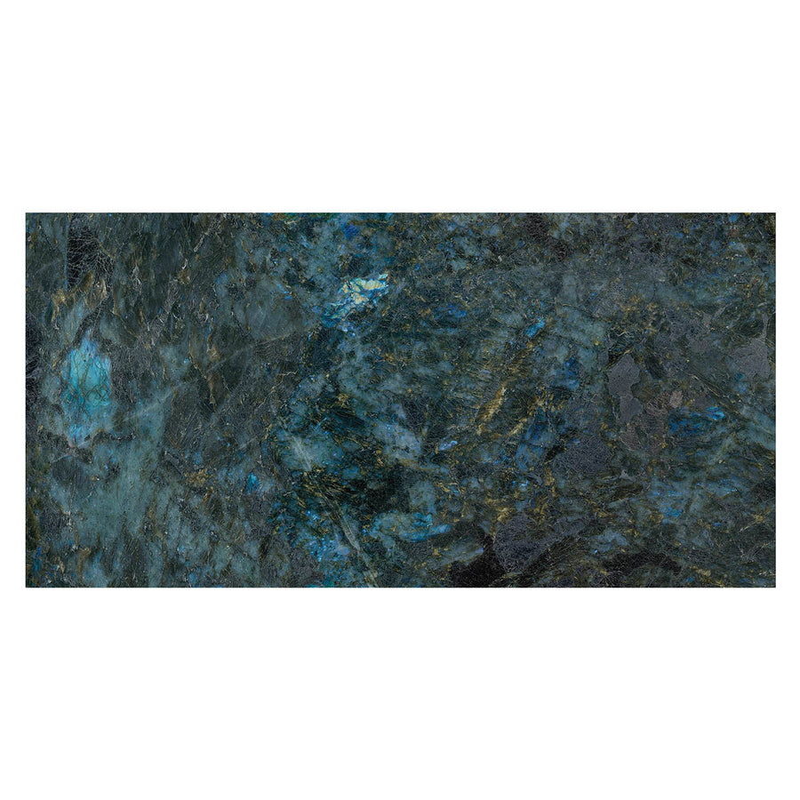Aura 24" x 48" Porcelain Tile in Labradorite Blue features a dark, textured look with deep green, blue, and black tones, accented by lighter blue patches and subtle gold veining for a striking neutral palette.