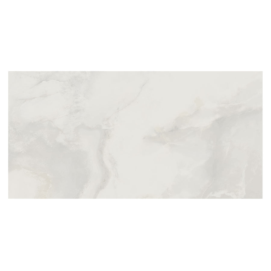 Aura 24" x 48" Porcelain Tile in White features a smooth, glossy finish and subtle marble-inspired veining, blending white and light gray tones for a modern, neutral look.