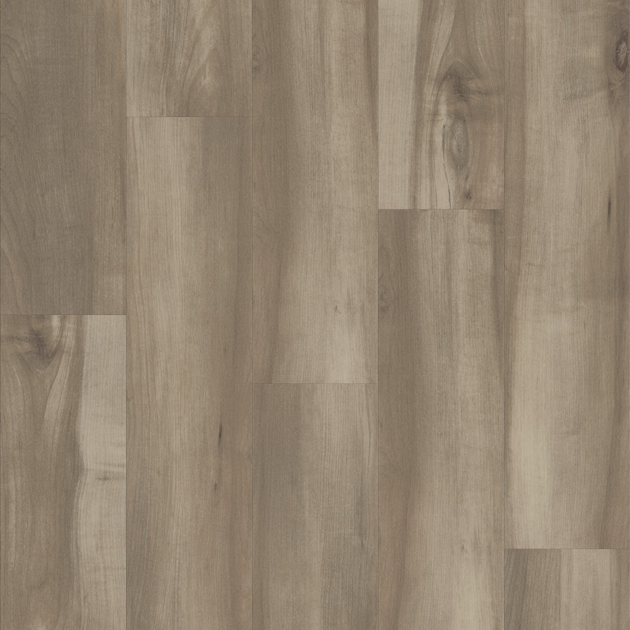 Endura 5C Plus 7" Vinyl features a light brown wood-look design with natural grain, knots, and varied beige and tan shades. The staggered plank layout gives any space a warm, rustic feel.