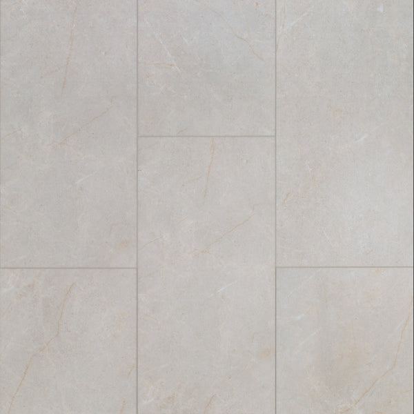 Close-up of Coretec CT Plus Tile Luxury Vinyl Tile in light gray with subtle beige veining, arranged in a staggered brick pattern. The smooth matte finish mimics stone, offering stylish and durable luxury vinyl flooring.