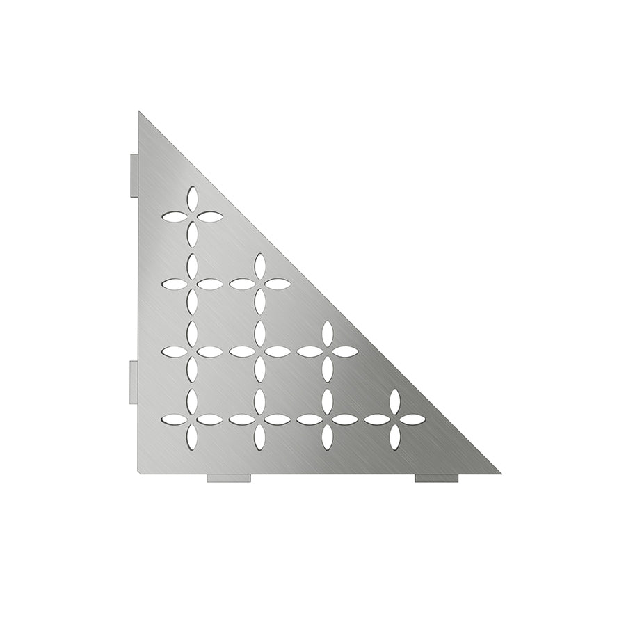 The Schluter Shelves feature a metallic, triangular design with a brushed finish and flower-like cutouts, ideal for organizing showers or integrating into tile shower shelving.