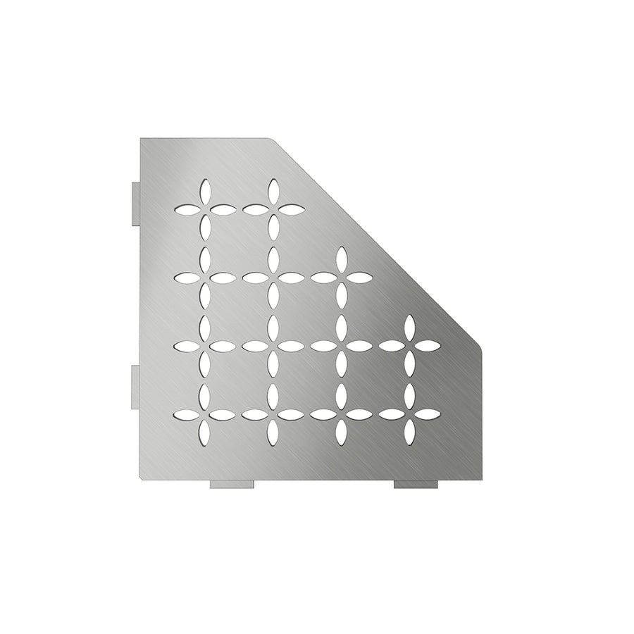 The Schluter Shelves feature a brushed metal panel with a grid of oval cutouts in rows and columns, plus a diagonal upper right edge—ideal for shower organization with a modern look.