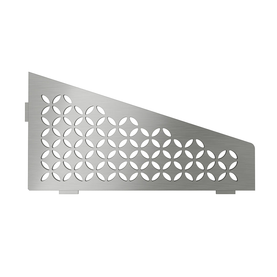 The Schluter Shelves are metal, triangle-shaped panels with a brushed finish and repeating circular cutouts—ideal for shower organization or as part of tile shower shelving systems.