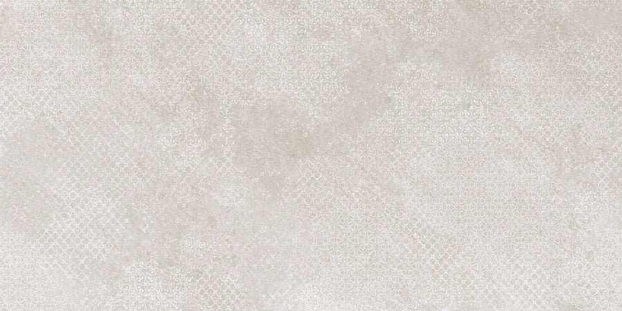 Shyft 24x48 Lace Deco features a light beige textured background with a subtle diamond pattern and gentle shading variations, inspired by vintage Brazilian slate—ideal for rectified porcelain tile designs.