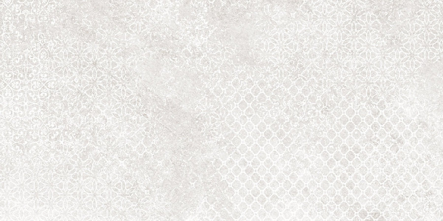 Shyft 12x24 Lace Deco features a pale off-white background with subtle geometric and floral lace patterns, creating a refined, elegant look inspired by vintage wallpaper and rectified porcelain tile.