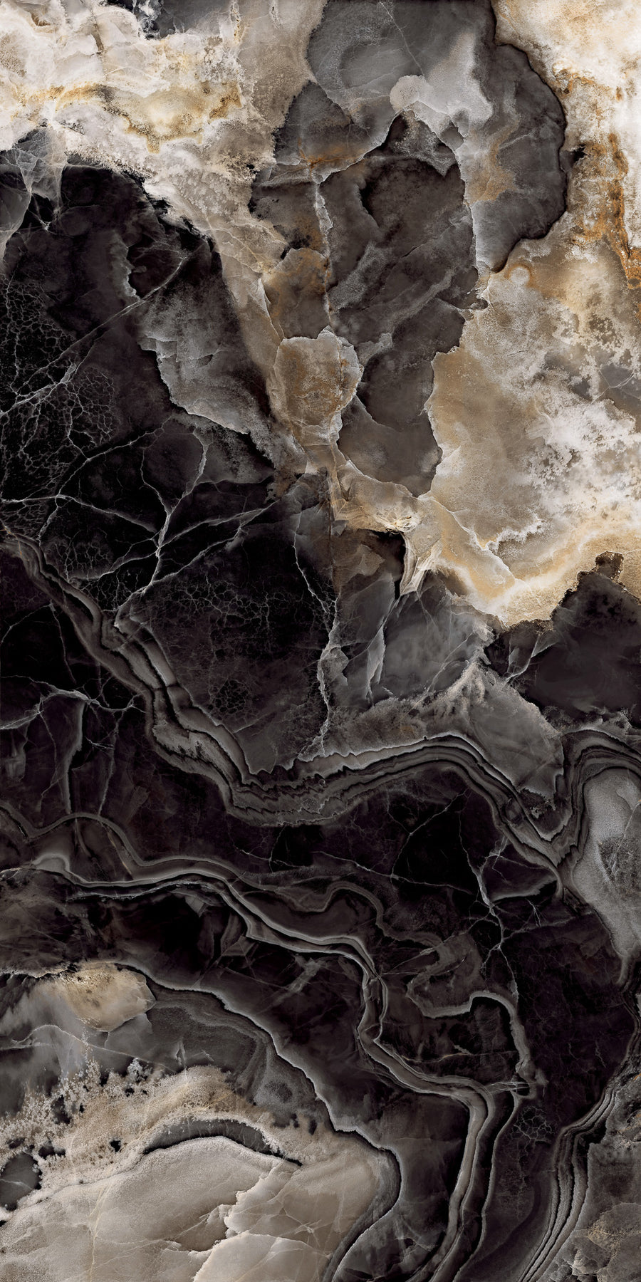 Abstract image of dark marble with swirling patterns in shades of black, gray, white, and hints of gold and beige, creating a dramatic, natural stone texture.
