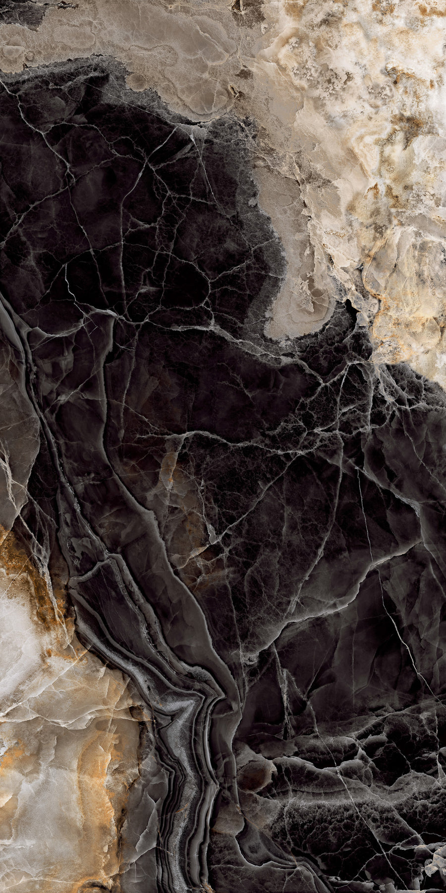 Abstract close-up of a marble surface with swirling patterns in black, gray, beige, and hints of gold. Fine white veins run through the stone, creating an intricate, natural design.