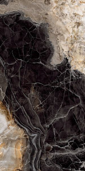 Abstract close-up of a marble surface with swirling patterns in black, gray, beige, and hints of gold. Fine white veins run through the stone, creating an intricate, natural design.
