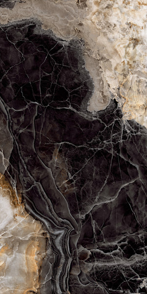 The Donatello 24x48 Honed Rectified Porcelain Tile showcases an abstract Italian marble look, combining deep black, gray, beige, and gold tones with striking white veining in a large format design.