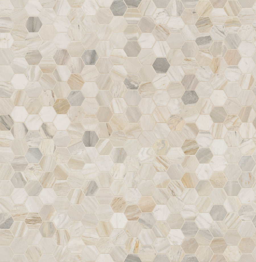 The Olympia Sandalwood 2" Hexagon Mosaic Tile features a stylish honeycomb pattern in sandalwood tones, adding textured elegance and luxury to any bathroom space.