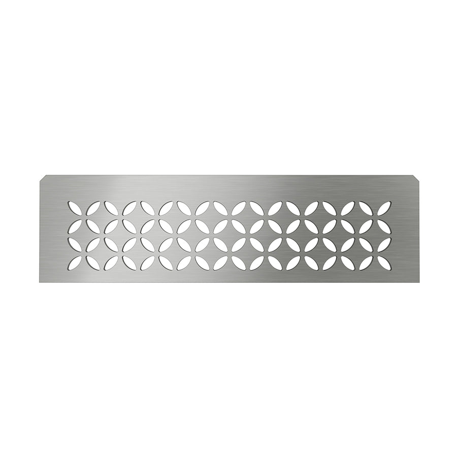 Schluter Shelves: Rectangular metal vent cover with a brushed finish and an overlapping circular and leaf cutout pattern—perfect for matching tile shower shelves or enhancing your shower’s organization.