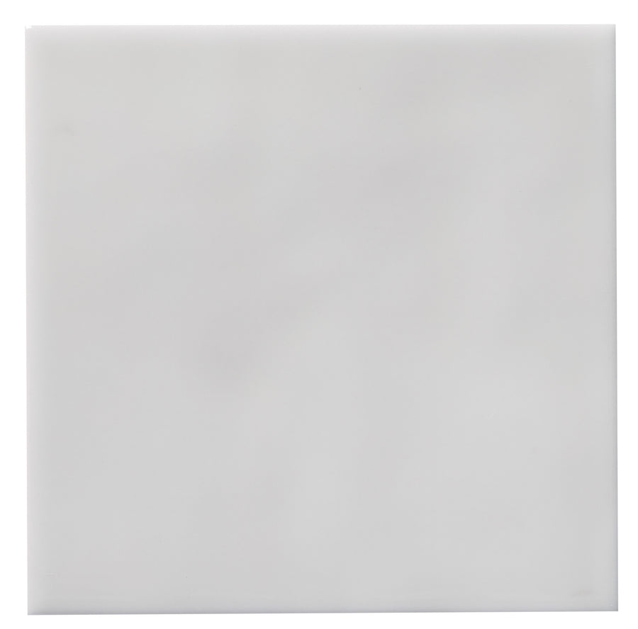 The Zephyr 4x4 Ceramic Tile features a glossy white finish with subtle shading variations, ideal for Mediterranean-inspired designs. Special order available.