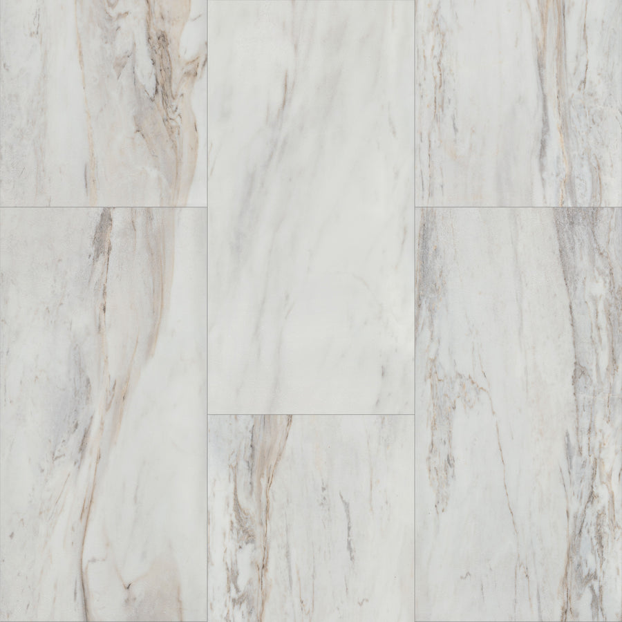 Coretec Plus Tile Luxury Vinyl Tile features white and light gray marble visuals with natural beige and gray veining in a grid pattern, offering a clean, elegant stone look ideal for waterproof, tile-look rigid vinyl flooring.