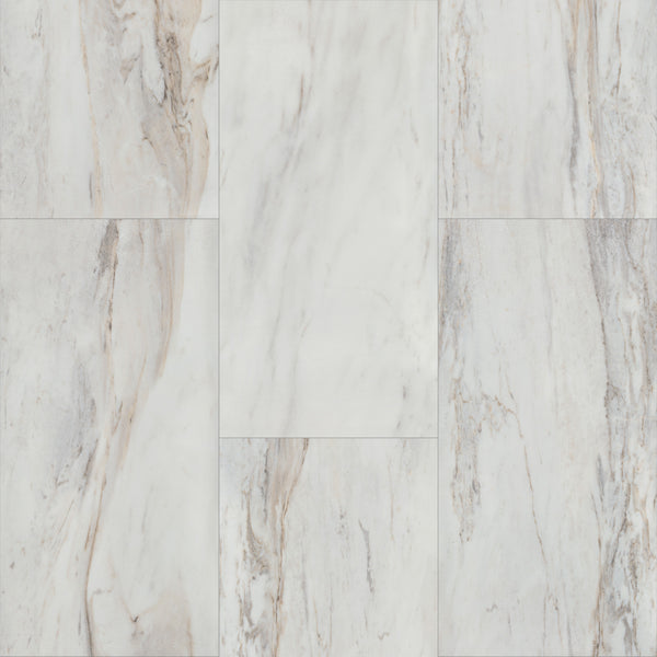 Coretec Plus Tile Luxury Vinyl Tile features white and light gray marble visuals with natural beige and gray veining in a grid pattern, offering a clean, elegant stone look ideal for waterproof, tile-look rigid vinyl flooring.