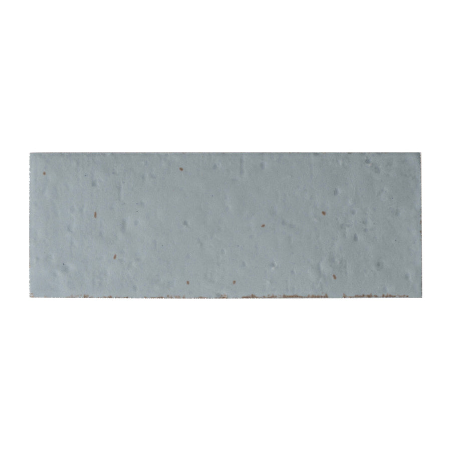 The Sarmento 3" x 8" Subway Porcelain Tile in Jillene features a rectangular, light gray surface with small brown specks and a subtle rough texture, viewed from above on a white background.