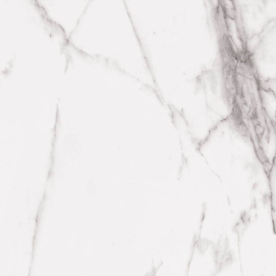 White marble surface with subtle gray veins and natural patterns running across, creating a smooth and elegant appearance. The texture is uniform, with fine lines and soft highlights throughout.
