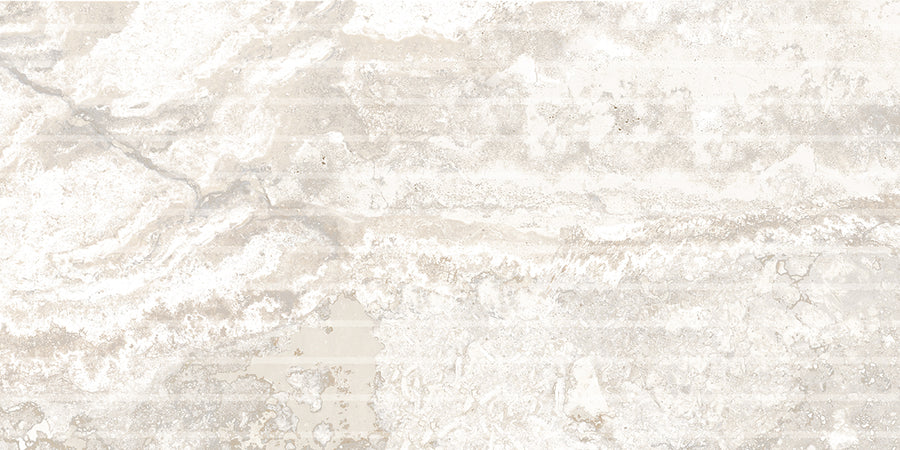 The Stream 12x24 Flutes Rectified Porcelain Tile features a beige and white marble look with natural veining and subtle swirls, delivering an elegant, organic stone pattern.