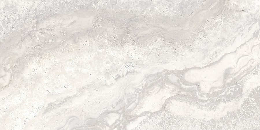The Stream 12x24 Rectified Porcelain Tile features a light gray and white marble look with subtle veins and swirls, offering realistic texture that perfectly emulates natural travertine.