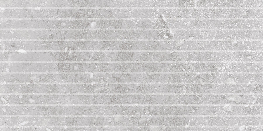 Stream 12x24 Flutes Rectified Porcelain Tile features a light gray textured concrete look with thin, even horizontal white lines and subtle white specks, crafted using 3D Shaped Technology for travertine-like depth.