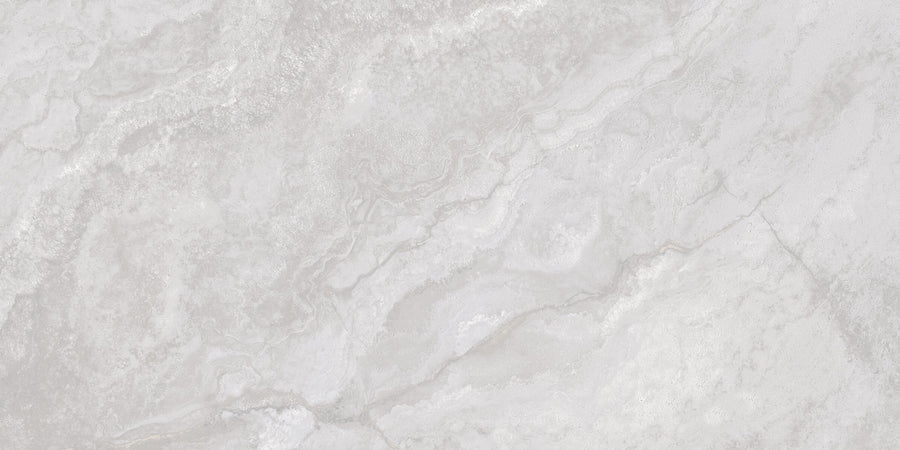 Stream 24x48 Large Format Porcelain Tile features a light grey marble look with subtle white and grey veining, crafted using advanced 3D Shaped Technology for a soft, cloudy pattern and authentic natural stone texture.