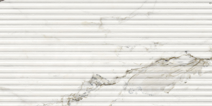 The Renaissance 12x24 Matte 3D Porcelain Tile features a white surface with horizontal ridges and subtle gray-beige veining, offering a refined, textured look and elegant detail.