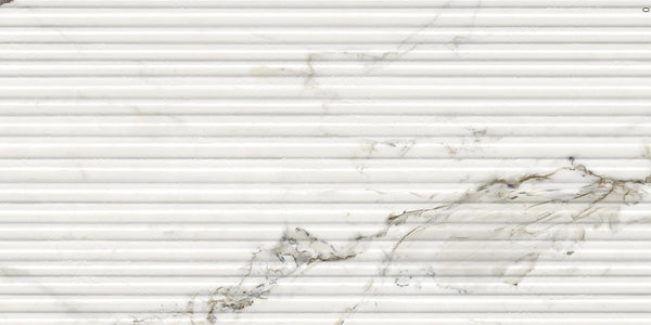 The Renaissance 12x24 Matte 3D Porcelain Tile features a white surface with horizontal ridges and subtle gray-beige veining, offering a refined, textured look and elegant detail.