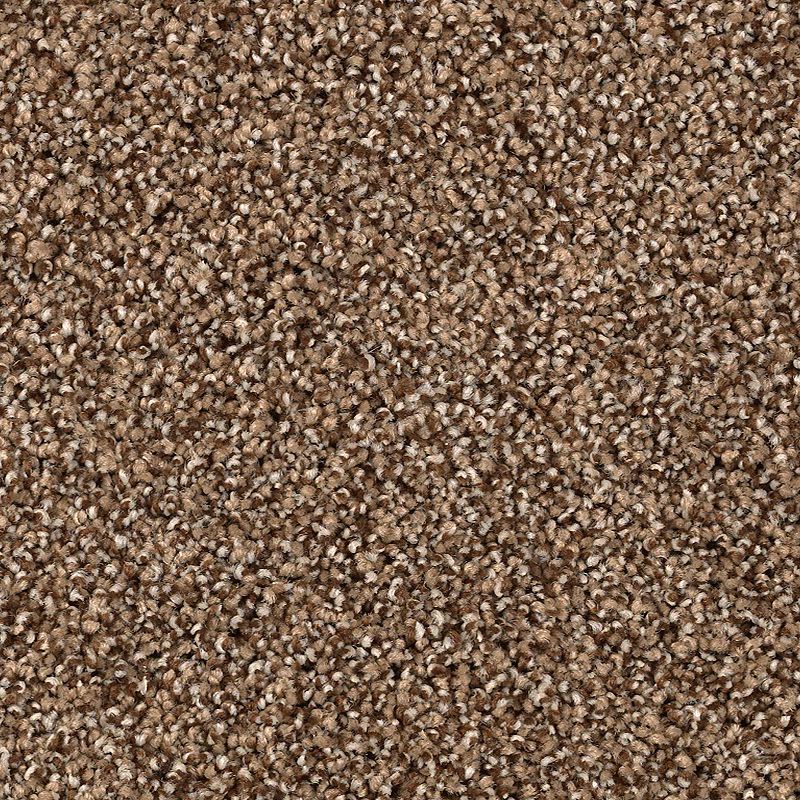 Close-up of Shaded Escape Family Friendly Carpet in Saddle, featuring tightly looped fibers in varied brown and beige tones for a speckled look—durable and ideal for active homes.
