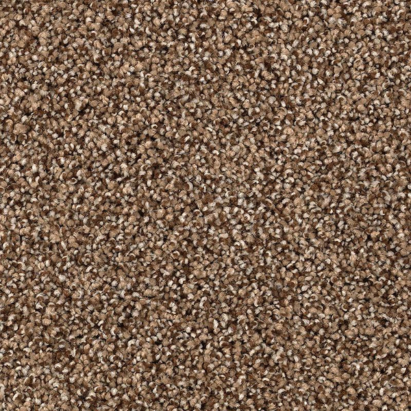 Close-up of Shaded Escape Family Friendly Carpet in Saddle, featuring tightly looped fibers in varied brown and beige tones for a speckled look—durable and ideal for active homes.